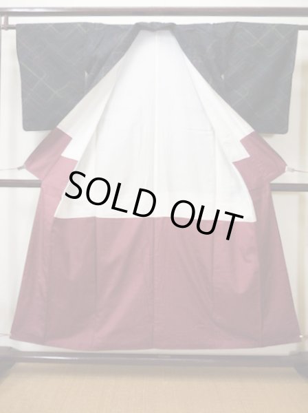 画像2: F0115S 紬 女性用着物 シルク（正絹）  ダークな 青 ジグザグ 【中古】 【USED】 【リサイクル】 ★★★★☆ (2)