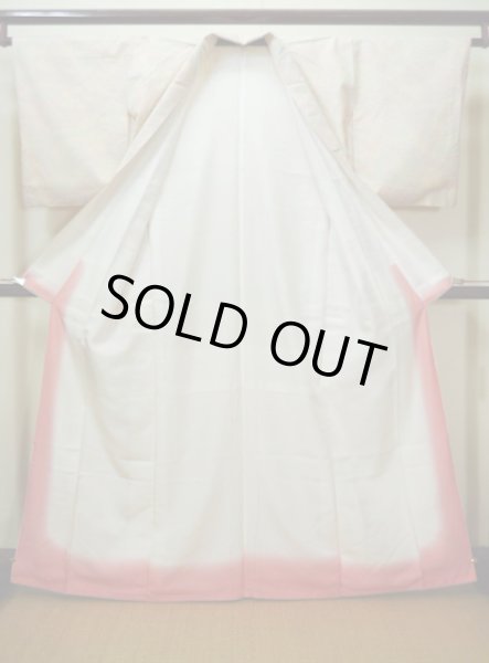 画像2: F0128S 十日町紬 女性用着物 シルク(正絹)  クリーミーな クリーム 葉 【中古】 【USED】 【リサイクル】 ★★★★☆ (2)