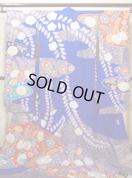画像2: F0210A 掛下 女性用着物 シルク（正絹）  明るい ネイビー（紺） 菊 【中古】 【USED】 【リサイクル】 ★★★★☆ (2)
