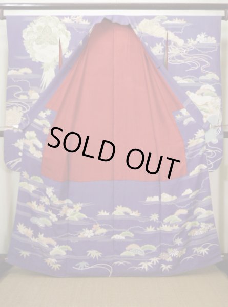 画像4: F0530A 振袖 女性用着物 シルク(正絹)  ダークな 藤 扇 【中古】 【USED】 【リサイクル】 ★★☆☆☆ (4)