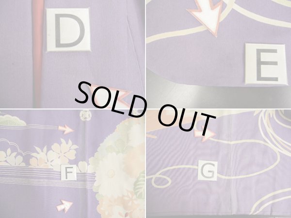 画像26: F0530A 振袖 女性用着物 シルク(正絹)  ダークな 藤 扇 【中古】 【USED】 【リサイクル】 ★★☆☆☆ (26)