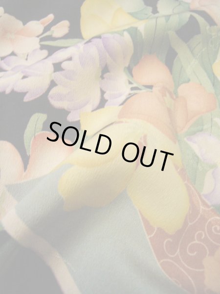 画像15: G0302Z 小紋 女性用着物 金紗縮緬、振袖リメイク シルク(正絹)  ダークな 紫, チューリップ 【中古】 【USED】 【リサイクル】 ★★★☆☆ (15)