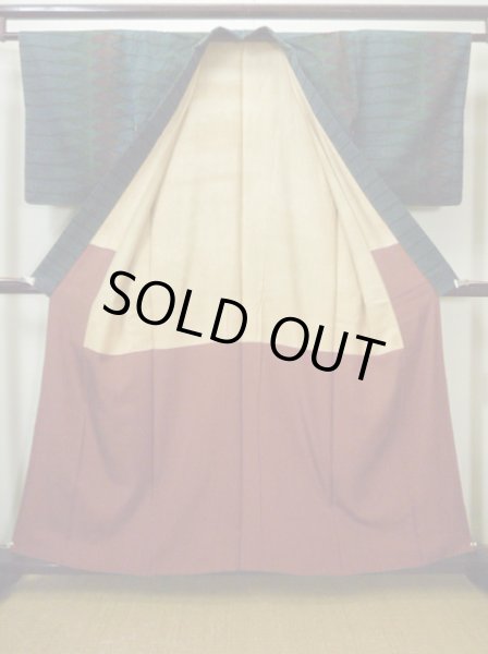 画像2: G0605W 塩沢紬 女性用着物  シルク(正絹)  スモーキーな 青, ジグザグ 【中古】 【USED】 【リサイクル】 ★★★★☆ (2)