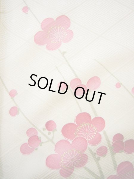 画像18: G0630H 振袖 女性用着物  シルク（正絹）  シャイニーな オフ　ホワイト, 梅 【中古】 【USED】 【リサイクル】 ★★★★☆ (18)