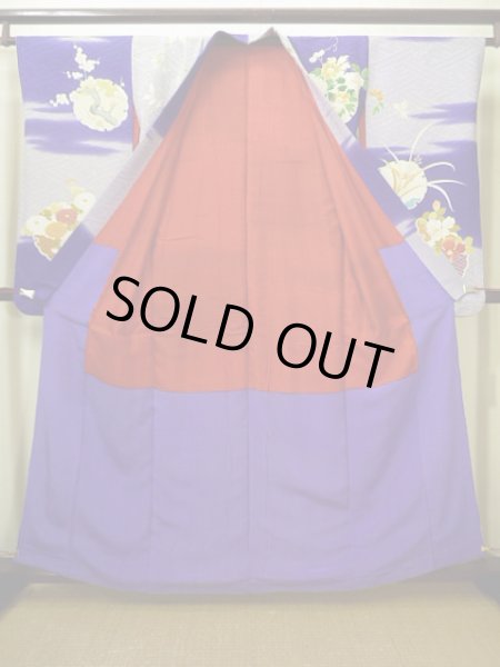 画像4: G0630M 振袖 女性用着物  シルク(正絹)  明るい ネイビー(紺), ぼたん グレーがかった【中古】 【USED】 【リサイクル】 ★★☆☆☆ (4)