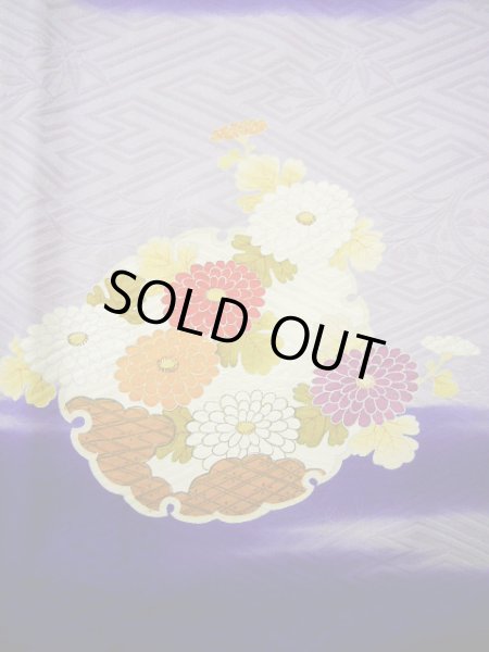 画像6: G0630M 振袖 女性用着物  シルク(正絹)  明るい ネイビー(紺), ぼたん グレーがかった【中古】 【USED】 【リサイクル】 ★★☆☆☆ (6)