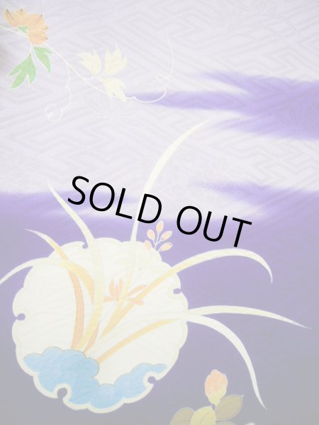 画像7: G0630M 振袖 女性用着物  シルク(正絹)  明るい ネイビー(紺), ぼたん グレーがかった【中古】 【USED】 【リサイクル】 ★★☆☆☆ (7)