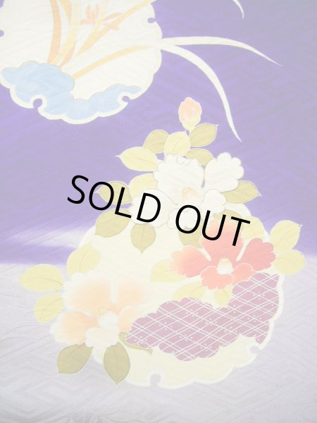 画像8: G0630M 振袖 女性用着物  シルク(正絹)  明るい ネイビー(紺), ぼたん グレーがかった【中古】 【USED】 【リサイクル】 ★★☆☆☆ (8)