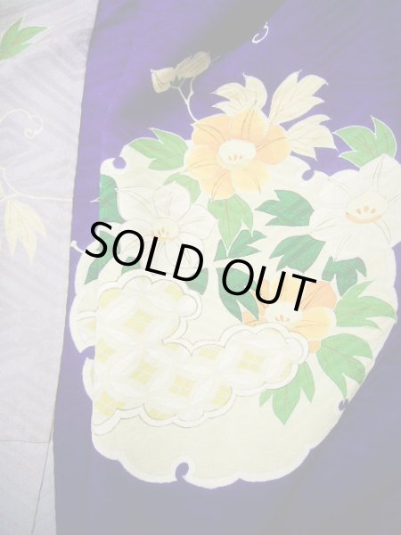 画像9: G0630M 振袖 女性用着物  シルク(正絹)  明るい ネイビー(紺), ぼたん グレーがかった【中古】 【USED】 【リサイクル】 ★★☆☆☆ (9)