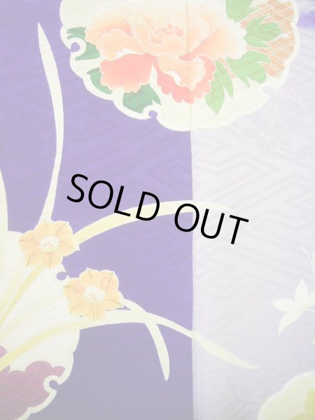 画像12: G0630M 振袖 女性用着物  シルク(正絹)  明るい ネイビー(紺), ぼたん グレーがかった【中古】 【USED】 【リサイクル】 ★★☆☆☆ (12)