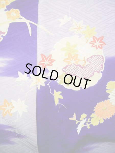 画像13: G0630M 振袖 女性用着物  シルク(正絹)  明るい ネイビー(紺), ぼたん グレーがかった【中古】 【USED】 【リサイクル】 ★★☆☆☆ (13)