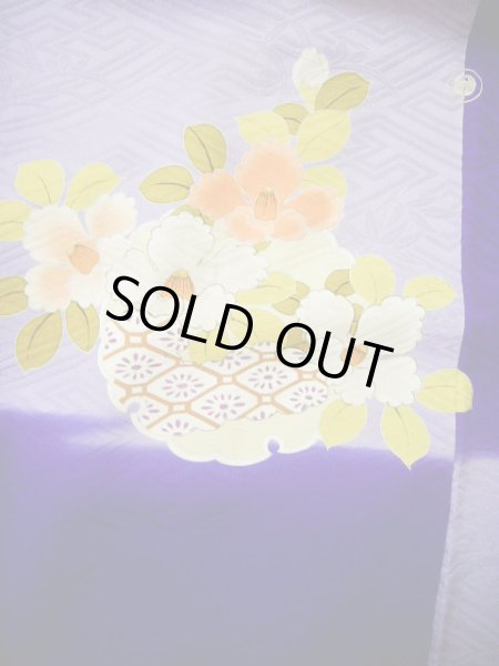 画像16: G0630M 振袖 女性用着物  シルク(正絹)  明るい ネイビー(紺), ぼたん グレーがかった【中古】 【USED】 【リサイクル】 ★★☆☆☆ (16)