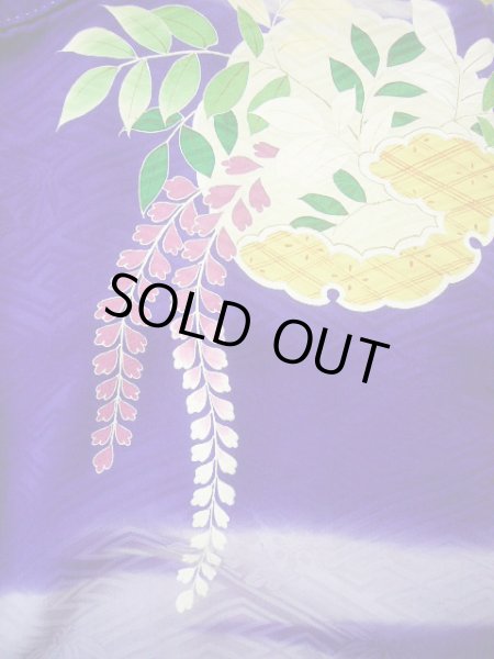 画像18: G0630M 振袖 女性用着物  シルク(正絹)  明るい ネイビー(紺), ぼたん グレーがかった【中古】 【USED】 【リサイクル】 ★★☆☆☆ (18)