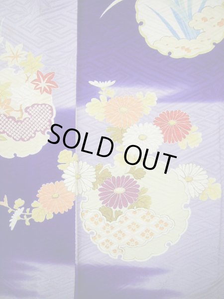 画像22: G0630M 振袖 女性用着物  シルク(正絹)  明るい ネイビー(紺), ぼたん グレーがかった【中古】 【USED】 【リサイクル】 ★★☆☆☆ (22)