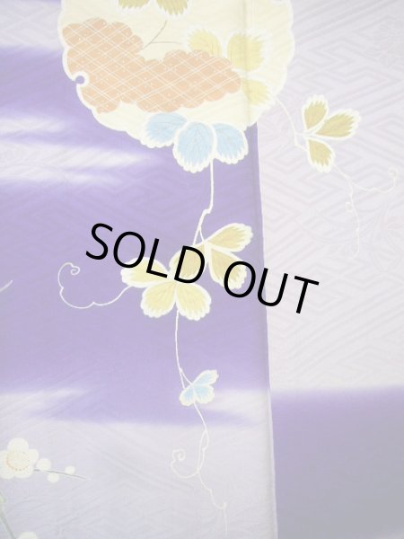 画像24: G0630M 振袖 女性用着物  シルク(正絹)  明るい ネイビー(紺), ぼたん グレーがかった【中古】 【USED】 【リサイクル】 ★★☆☆☆ (24)