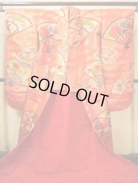 画像4: G0805L 打掛 女性用着物  シルク(正絹)  スモーキーな オレンジ, 扇 【中古】 【USED】 【リサイクル】 ★★★★☆ (4)