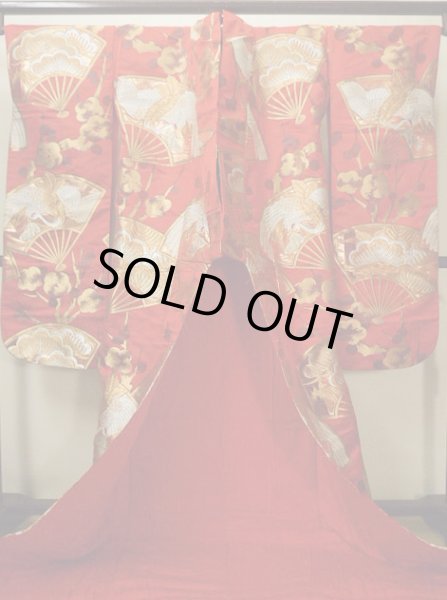 画像6: G0805O 打掛 女性用着物  シルク(正絹)  深い 赤, 扇 【中古】 【USED】 【リサイクル】 ★★★★☆ (6)