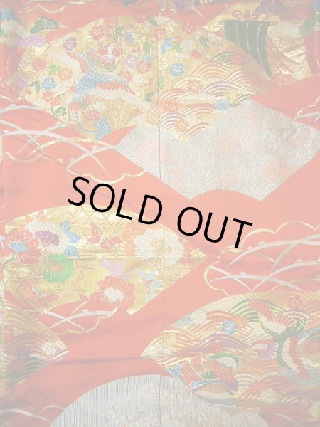 画像6: G0805S 打掛 女性用着物  シルク(正絹)   朱赤, 扇 【中古】 【USED】 【リサイクル】 ★★★★☆ (6)