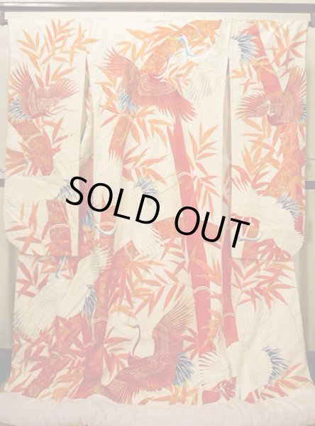 画像2: G0805Z 打掛 女性用着物 友禅、裾カバー シルク(正絹)   朱赤, 鶴 【中古】 【USED】 【リサイクル】 ★★★☆☆ (2)