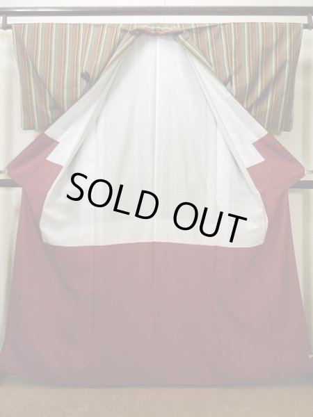 画像2: G1125Z 紬 女性用着物  シルク(正絹)   オリーブ, 縞 【中古】 【USED】 【リサイクル】 ★★★☆☆ (2)