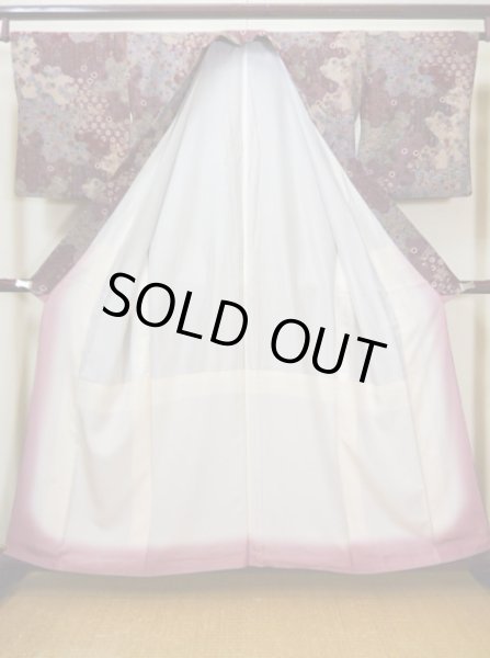 画像2: H0308E 小紋 女性用着物  シルク(正絹)   えんじ, 猫 【中古】 【USED】 【リサイクル】 ★★★★☆ (2)