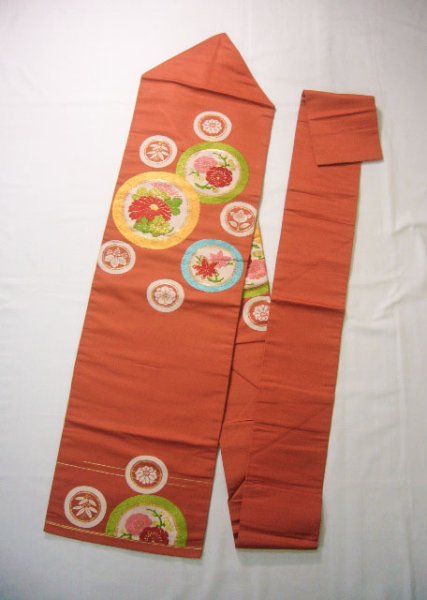 画像1: H0901T 名古屋帯 女性用着物 シルク（正絹）  淡い 朱赤 菊 【中古】 【USED】 【リサイクル】 ★★☆☆☆ (1)