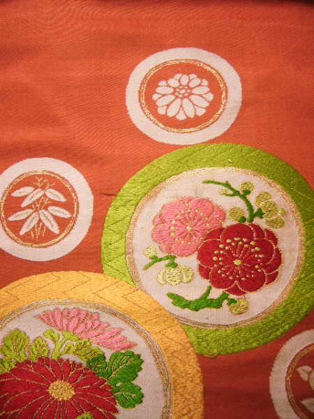 画像5: H0901T 名古屋帯 女性用着物 シルク（正絹）  淡い 朱赤 菊 【中古】 【USED】 【リサイクル】 ★★☆☆☆ (5)