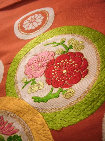 画像8: H0901T 名古屋帯 女性用着物 シルク（正絹）  淡い 朱赤 菊 【中古】 【USED】 【リサイクル】 ★★☆☆☆ (8)