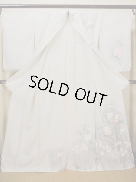 画像2: H0929R 訪問着 女性用着物  シルク（正絹） 淡い 緑がかった グレー（灰色）, ぼたん 【中古】 【USED】 【リサイクル】 ★★★★☆ (2)