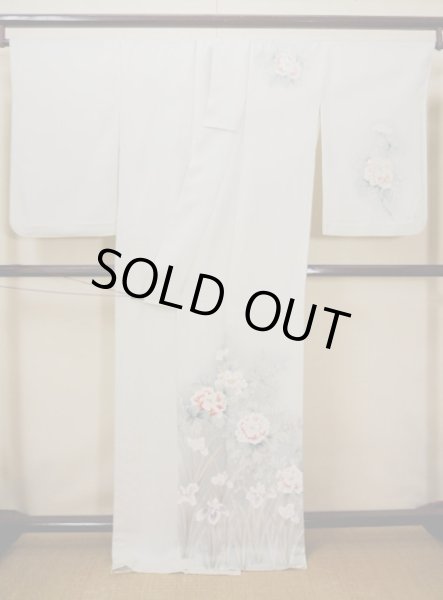 画像3: H0929R 訪問着 女性用着物  シルク（正絹） 淡い 緑がかった グレー（灰色）, ぼたん 【中古】 【USED】 【リサイクル】 ★★★★☆ (3)