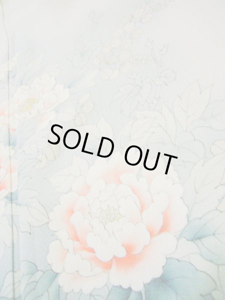 画像9: H0929R 訪問着 女性用着物  シルク（正絹） 淡い 緑がかった グレー（灰色）, ぼたん 【中古】 【USED】 【リサイクル】 ★★★★☆ (9)