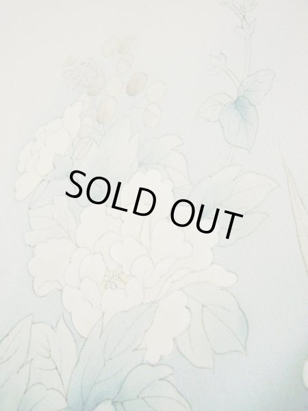 画像11: H0929R 訪問着 女性用着物  シルク（正絹） 淡い 緑がかった グレー（灰色）, ぼたん 【中古】 【USED】 【リサイクル】 ★★★★☆ (11)