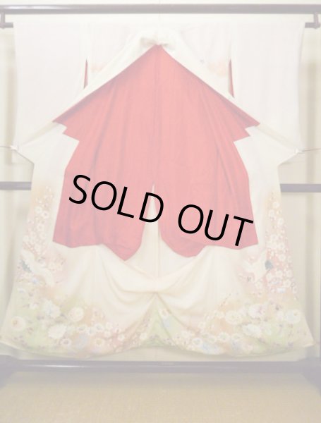 画像4: H1025A 留袖 女性用着物  シルク(正絹)   オフ ホワイト, 鶴 【中古】 【USED】 【リサイクル】 ★☆☆☆☆ (4)