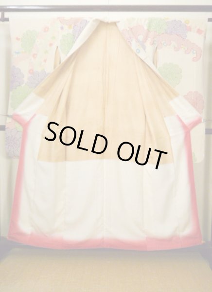 画像4: H1025L 振袖 女性用着物  シルク(正絹) スモーキーな ダークな オフ ホワイト, 菊 【中古】 【USED】 【リサイクル】 ★★★☆☆ (4)