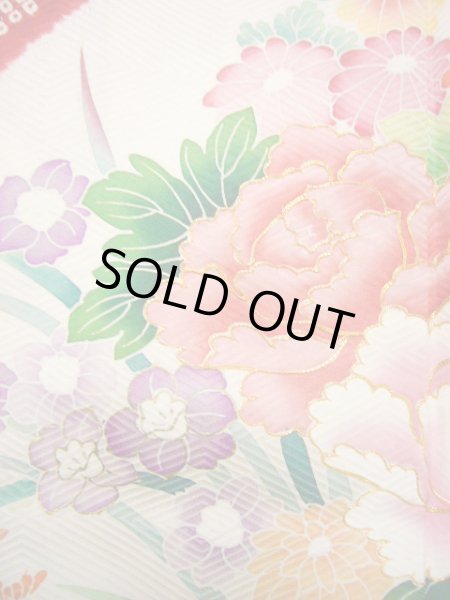 画像17: H1025N 振袖 女性用着物  シルク(正絹)  シャイニーな オフ ホワイト, ぼたん 【中古】 【USED】 【リサイクル】 ★★★☆☆ (17)