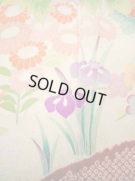 画像19: H1025N 振袖 女性用着物  シルク(正絹)  シャイニーな オフ ホワイト, ぼたん 【中古】 【USED】 【リサイクル】 ★★★☆☆ (19)