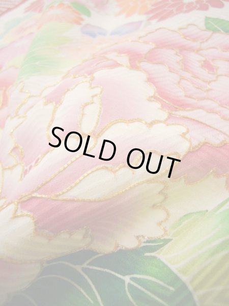 画像26: H1025N 振袖 女性用着物  シルク(正絹)  シャイニーな オフ ホワイト, ぼたん 【中古】 【USED】 【リサイクル】 ★★★☆☆ (26)