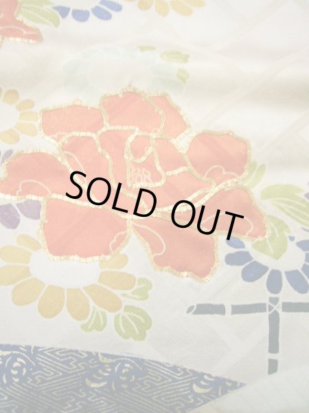 画像14: I0107L 振袖 女性用着物  シルク（正絹）   青, 花 シャイニーな【中古】 【USED】 【リサイクル】 ★★★★☆ (14)