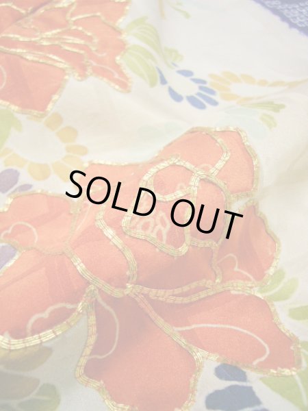 画像21: I0107L 振袖 女性用着物  シルク（正絹）   青, 花 シャイニーな【中古】 【USED】 【リサイクル】 ★★★★☆ (21)