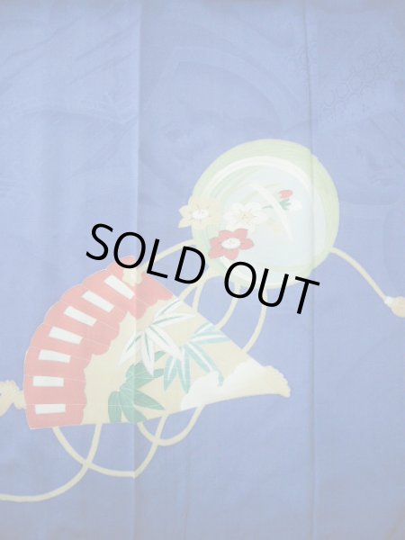 画像6: I0627A 訪問着 女性用着物  シルク(正絹)  スモーキーな 青, 扇 【中古】 【USED】 【リサイクル】 ★★☆☆☆ (6)