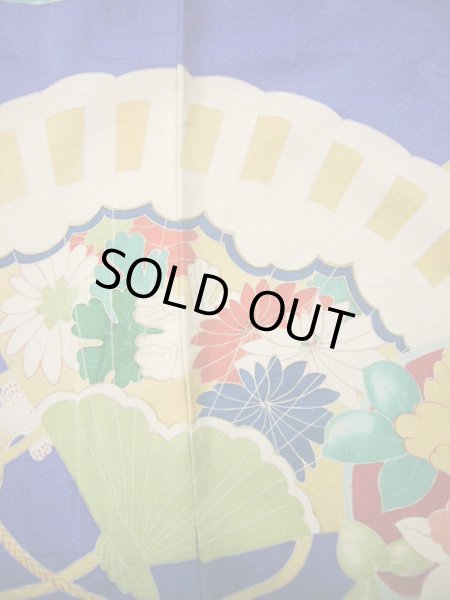 画像9: I0627A 訪問着 女性用着物  シルク(正絹)  スモーキーな 青, 扇 【中古】 【USED】 【リサイクル】 ★★☆☆☆ (9)