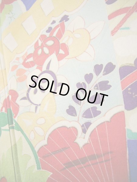 画像11: I0627A 訪問着 女性用着物  シルク(正絹)  スモーキーな 青, 扇 【中古】 【USED】 【リサイクル】 ★★☆☆☆ (11)