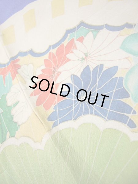 画像12: I0627A 訪問着 女性用着物  シルク(正絹)  スモーキーな 青, 扇 【中古】 【USED】 【リサイクル】 ★★☆☆☆ (12)