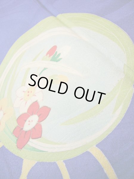 画像13: I0627A 訪問着 女性用着物  シルク(正絹)  スモーキーな 青, 扇 【中古】 【USED】 【リサイクル】 ★★☆☆☆ (13)