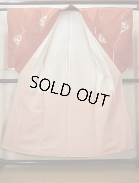 画像2: I1130H 織 女性用着物  シルク（正絹）   朱赤, 菊 【中古】 【USED】 【リサイクル】 ★★☆☆☆ (2)