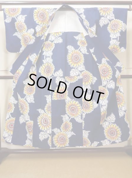 画像2: J0118N ゆかた 女性用着物  綿   青, ひまわり 【中古】 【USED】 【リサイクル】 ★★★★☆ (2)