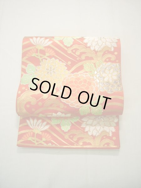 画像2: J0125P 袋帯  女性用着物 シルク（正絹）   朱赤 菊   【中古】 【USED】 【リサイクル】 ★★★☆☆ (2)