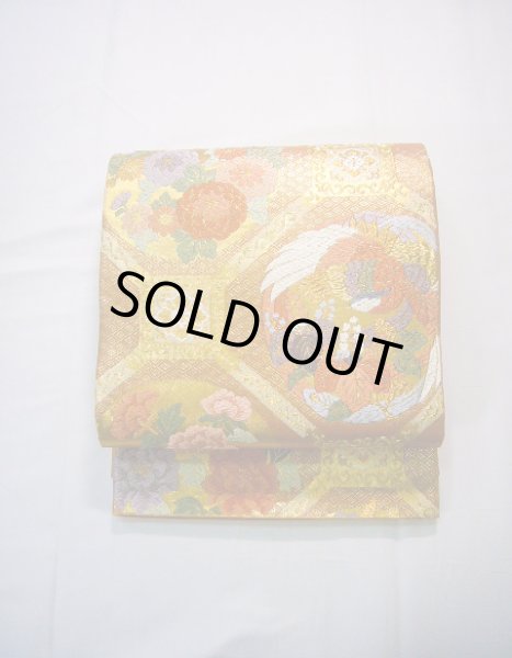 画像2: J0125W 袋帯  女性用着物 シルク（正絹）   ゴールド（金） 鳥   【中古】 【USED】 【リサイクル】 ★★★★☆ (2)