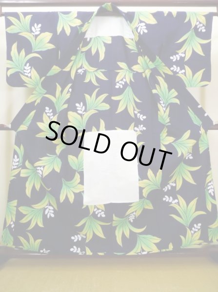 画像2: J0520X ゆかた 女性用着物  綿 ダークな  グリーン（緑）, 葉 【中古】 【USED】 【リサイクル】 ★★★★☆ (2)