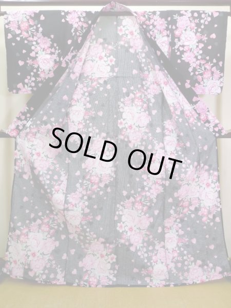 画像2: J0617X ゆかた 女性用着物  綿 ダークな  黒, 花 【中古】 【USED】 【リサイクル】 ★★★★☆ (2)